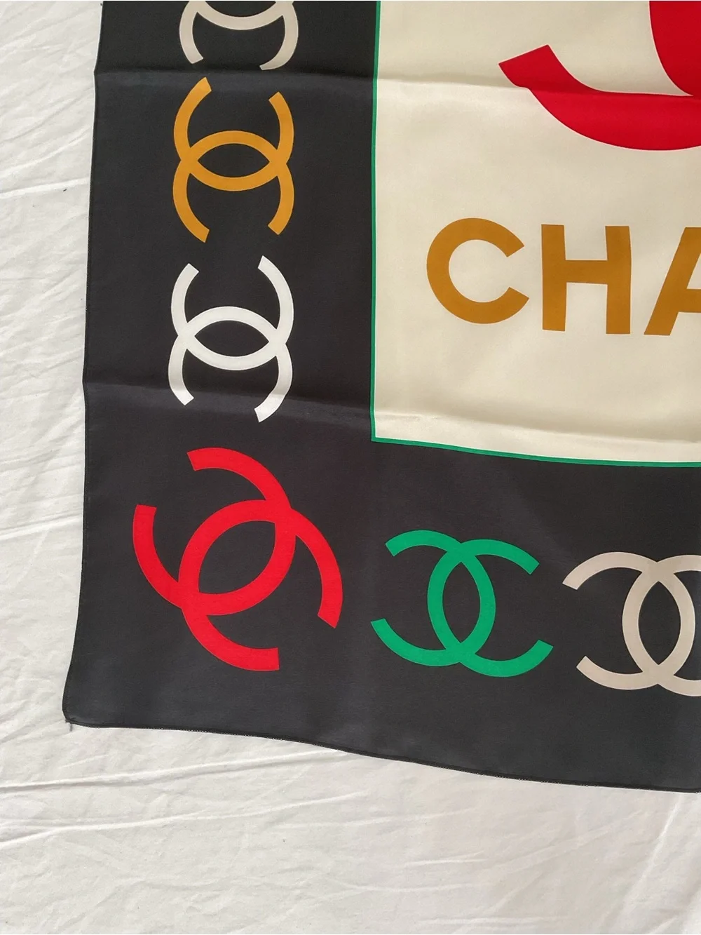 CHANEL Black Cream Multicolor Logo CC Silk Scarf